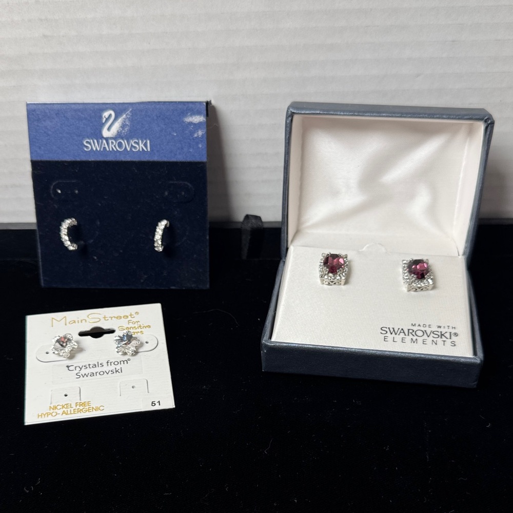 SWAROVSKI NWT 3 Piece Bundle Silver Purple Crystal‎ Earrings Set